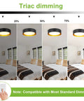 Triac dimming of Eighteen Watt Flush Mount LED Ceiling Light in bedroom, black with gold interior, adjustable brightness shown