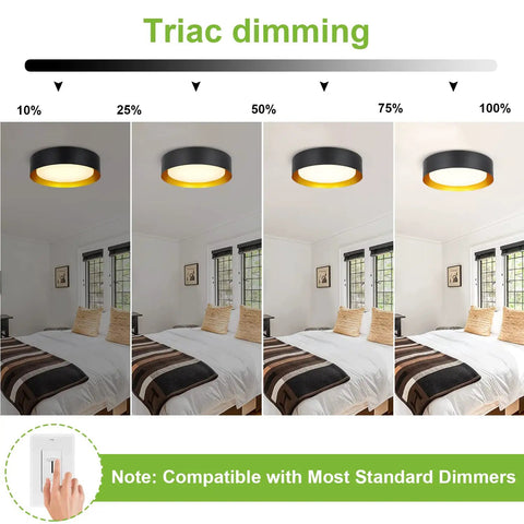 Triac dimming of Eighteen Watt Flush Mount LED Ceiling Light in bedroom, black with gold interior, adjustable brightness shown