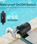 Straight Shooting 1/10HP Water Transfer Pump 330GPH Utility Pump showing waterproof switch and hose connection.