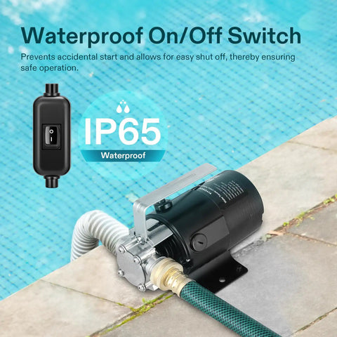 Straight Shooting 1/10HP Water Transfer Pump 330GPH Utility Pump showing waterproof switch and hose connection.