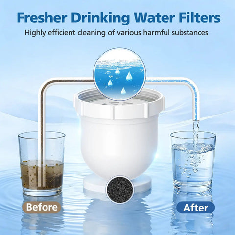 Illustration of Replacement Water Pitcher Filter Compatible With No 1 Filtered Pitcher showing purified versus impure water in glasses.