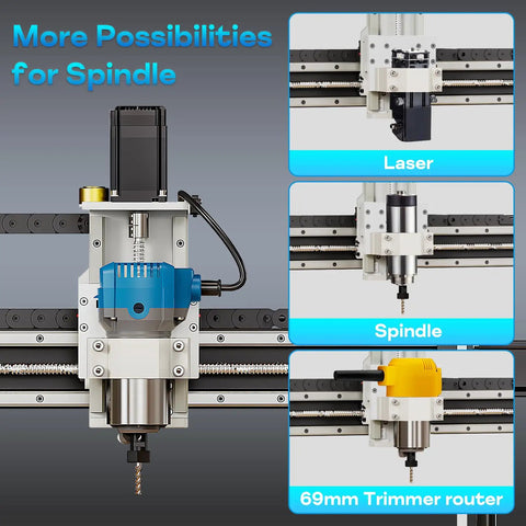 Close-up of 6060 CNC Router Machine with NEMA 23 Closed-Loop Stepper Motors showing spindle options for carving and milling.