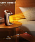 Compact Ceramic Space Heater With Adjustable Thermostat And Overheat Protection, glowing on table by bed, noise chart visible.