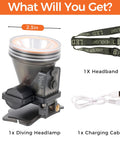 Rechargeable Underwater Diving Headlamp With 4 Modes IPX8 Waterproof Scuba Flashlight Battery Level Indicator with USB cable