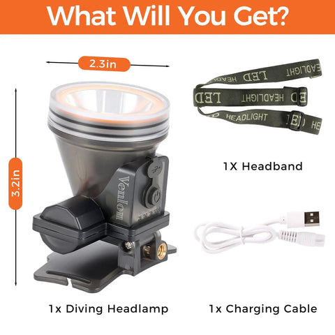 Rechargeable Underwater Diving Headlamp With 4 Modes IPX8 Waterproof Scuba Flashlight Battery Level Indicator with USB cable