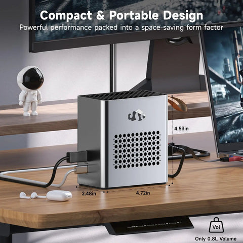 Next Level External GPU Docking Station Leveling Up Your Gaming Laptop Featuring AMD Radeon RX 7600M XT 8GB GDDR6 with compact design on desk.