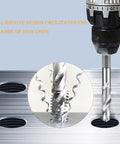 Six Piece Drill And Tap Bit Combo Set HSS High Speed Steel With 1 Quarter Inch Hex Shank drilling metal surface showing spiral groove