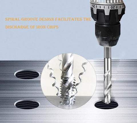 Six Piece Drill And Tap Bit Combo Set HSS High Speed Steel With 1 Quarter Inch Hex Shank drilling metal surface showing spiral groove