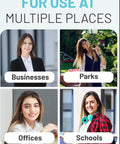 Collage of women in different settings with text 'For Use at Multiple Places: Businesses, Parks, Offices, Schools.'