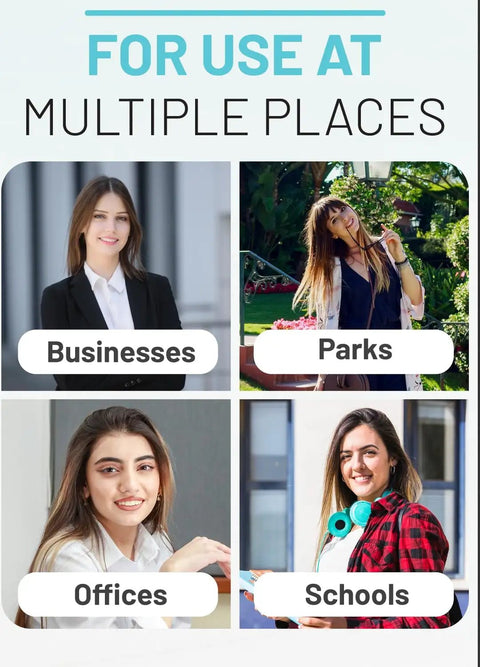 Collage of women in different settings with text 'For Use at Multiple Places: Businesses, Parks, Offices, Schools.'