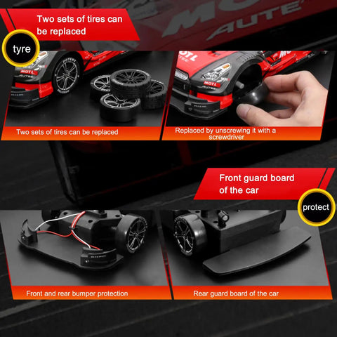 1 16 Scale 4WD RC Drift Car, High Speed 40 KMH, showcasing replaceable tires and protective guard board
