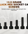 100 Pack M3 X 10mm Hex Socket Head Cap Screws, Grade 12.9 Alloy Steel Allen Bolts With Full Thread And Black Oxide Finish, various lengths displayed
