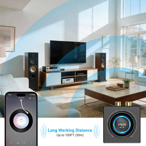 Living room setup with Bluetooth 5.3 Receiver And RCA Audio Adapter For Old School Stereo Stream HiFi Music From Phone Tablet Or Laptop 100 Foot Range 3.5mm AUX Input Dual Link For Two Speakers SBC AAC Compatible.