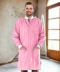 Pink Disposable Lab Coat 2XL Unisex SMS 45GSM Breathable With Snap Front And Knit Collar Cuffs 3 Pockets All Day Comfort