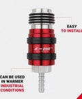 Heavy Duty Five In One Universal Safety Exhaust Quick Connect Industrial Coupler for Fast Air Venting, shown in red and silver.