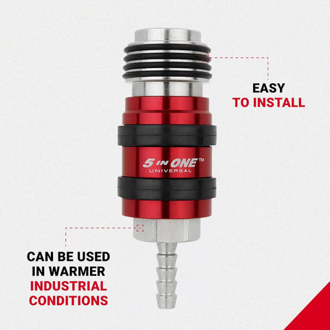 Heavy Duty Five In One Universal Safety Exhaust Quick Connect Industrial Coupler for Fast Air Venting, shown in red and silver.