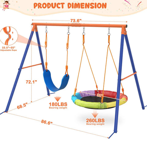 Backyard Swing Set With Stand For Kids, Heavy Duty 440 Lb Metal A Frame Outdoor Playset with 32 Inch Saucer Swing visible