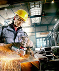Worker using Pro Grade 6-Inch Angle Grinder With 10,000 RPM And 12 Amp Motor, Non-Locking Paddle Switch, in industrial setting