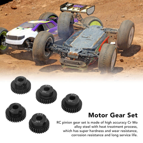 Five Piece RC Pinion Gear Set For 1 To 10 Scale Cars, 48DP 5.0mm Pinions In 30T 31T 32T 33T 34T, High Hardness CrMo Alloy Steel