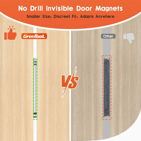 Comparison of thin magnetic cabinet door catches with 10 Pack Ultra Thin Magnetic Cabinet Door Catch Set With Double-Sided Adhesive Stainless Steel Latches No Drill Required Install Strong Hold For Cabinets And Closets 0.12 Inch Thick on the left and a thicker alternative on the right.