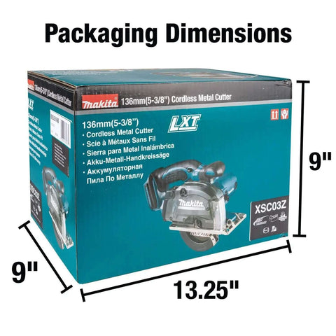 Packaging of 18V LXT Cordless Metal Cutting Saw Bare Tool With 5 3 8 Inch Cut Capacity, showing dimensions of 9" x 13.25".