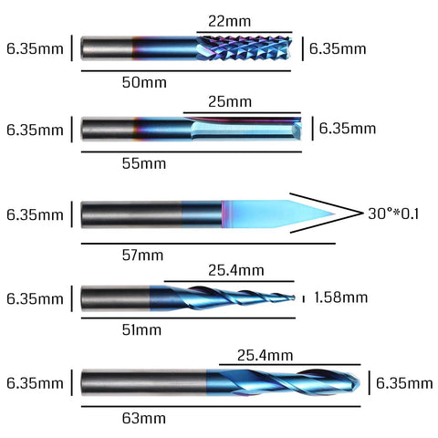 General Purpose CNC Router Bit Set One Quarter Inch Shank Nano Blue Coated Ten Piece Collection shown with dimensions