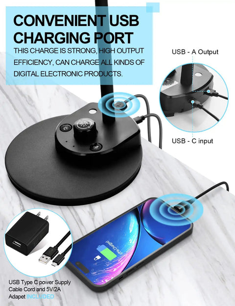 Eye Friendly LED Desk Lamp With USB Charging Port, 3 Color Temps, Dimmable Reading Light, Smart Auto Dim With Motion, Flexible Neck For Desk Or Nightstand, Energy Saving 56 LED Beads, AC Adapter Included