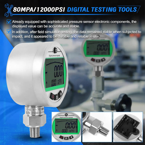Sinocmp Digital Pressure Gauge Kit With 12000 Psi Hydraulic Test Set showing backlit LCD and precision gauge for accurate readings.
