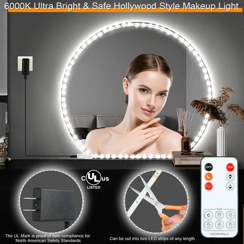 Woman using Vanity Mirror Lights For Makeup And Dressing Table Kit 13ft Flexible LED Strip With 6000K Daylight White Dimmer And Power Supply