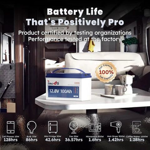 12V 100Ah LiFePO4 Battery With Built In 100A BMS Group 31 Compatible 15,000 Deep Cycles Beefed Up Power displayed on RV table