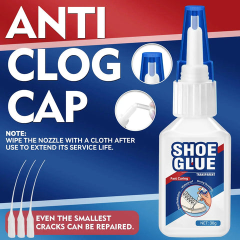 Clear Shoe Glue Sole Repair Kit bottle with anti-clog cap and microtips for boots and sneakers, pro-grade waterproof adhesive.