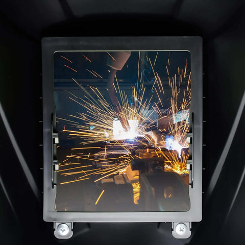 TRQWH laser welding helmet with large viewing window, gray metal frame for laser welding protection