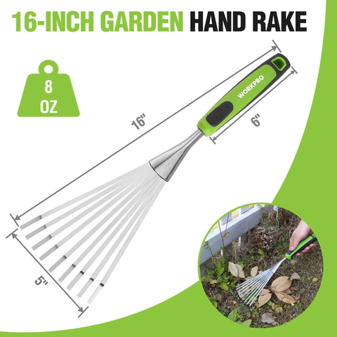 Handy 16 Inch Compact Stainless Steel Hand Rake With Soft Grip Handle shown with dimensions and in use on leaves.