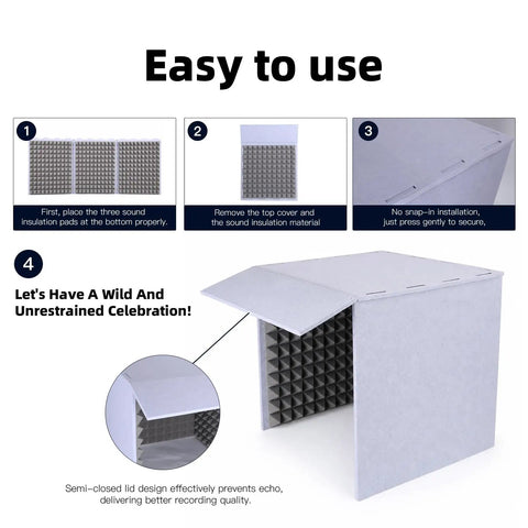 Image showing the 28 Inch Foldable Soundproof Desktop Booth For Sweet Vocal Trax and Podcast Recording with sound insulation setup steps.