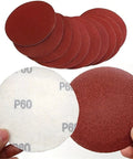 Premium 5 Inch Hook And Loop Sanding Discs With Durable Aluminum Oxide abrasive For Heavy Duty Wood Metal Work In 60 To 1000 Grits, showing various grits.
