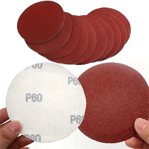 Premium 5 Inch Hook And Loop Sanding Discs With Durable Aluminum Oxide abrasive For Heavy Duty Wood Metal Work In 60 To 1000 Grits, showing various grits.