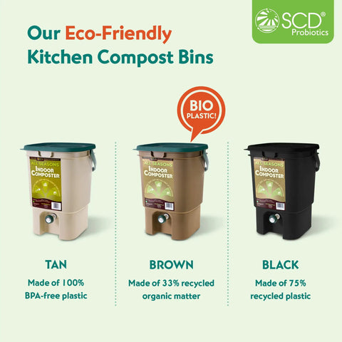 Three kitchen compost bins: tan BPA-free, brown recycled organic matter, black recycled plastic