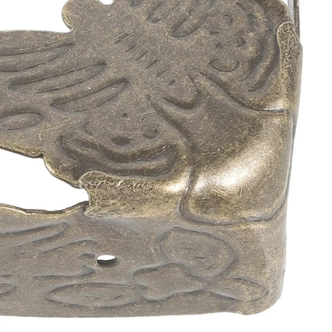 Close-up of Old School Antique Style Iron Corner Protector with engraved design, dark brown finish for vintage wooden boxes.