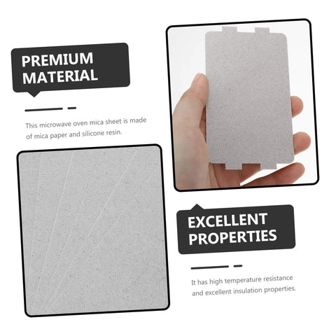 Hand holding a sheet from 10 Pack Mica Sheet Insulation For Microwave Ovens, Heat Resistant Replacement Plates with text highlighting features.