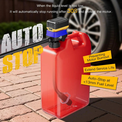 Cordless Electric Fuel Transfer Pump Battery Powered Gas Can Dispenser Featuring Auto Stop Overflow Guard and Dry Run Alert with 41 inch hose in use.