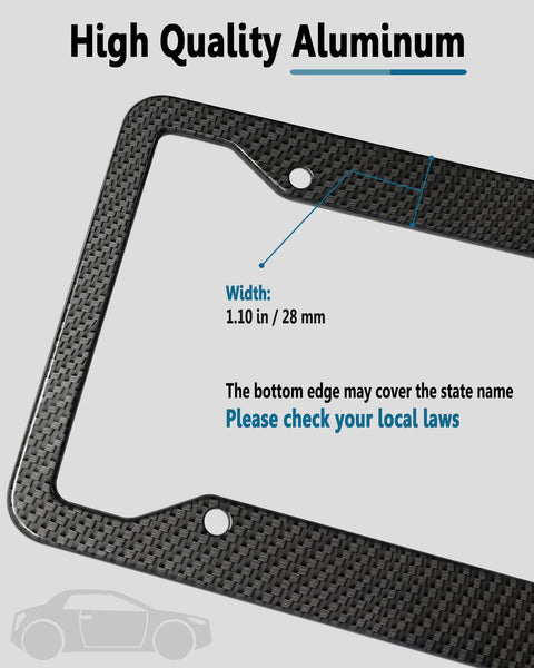 Carbon Fiber Pattern License Plate Frames 2 Pack Black Aluminum Front And Rear Car Tag Holder with size details