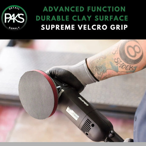 Reusable Medium Grade Nano Clay Pad For Auto Detailing 6 Inch Orbital Synthetic Clay Bar Pad attached to polisher.