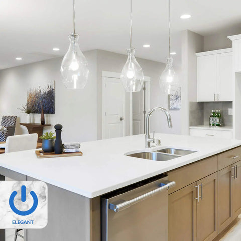 Modern kitchen with hanging lights and island featuring Pack Of 6 A19 LED Light Bulbs 60W Equivalent 5000K Bright White.