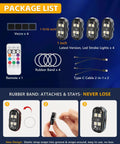 Package list of 4 Upgraded Wireless LED Strobe Lights, remote, rubber bands, Type-C cables, illustrated with usage steps.