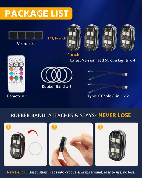 Package list of 4 Upgraded Wireless LED Strobe Lights, remote, rubber bands, Type-C cables, illustrated with usage steps.