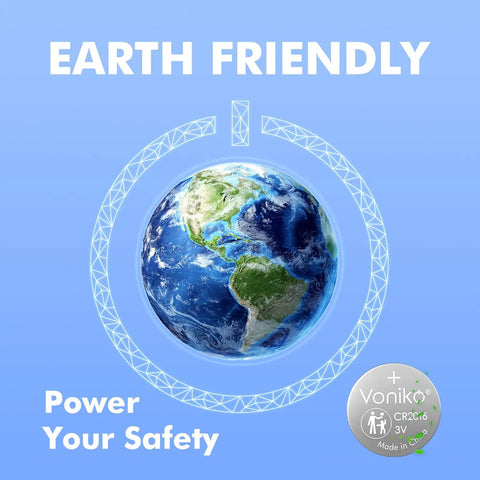 Earth-friendly graphic with globe and text promoting safety for Trusted CR2016 3V Lithium Button Batteries 5 Pack.