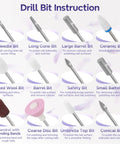 Drill bit instruction image for Heavy Duty Electric Nail Drill Kit With Twelve Versatile Bits For Grinding Gel And Acrylic Nails.