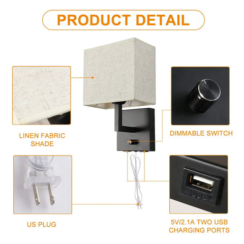 Product detail of Dope Bedside Wall Mount Light With Dimmer Switch and Two USB Ports, fabric linen shade, USB plug, dimmer