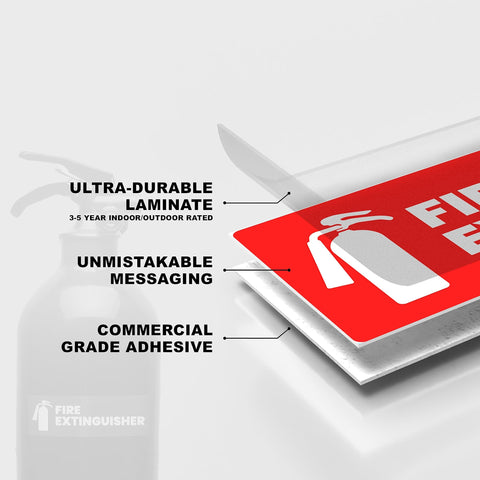 High Visibility Fire Extinguisher Sticker Set for Office and Commercial Spaces No Brainer Safety Sign for Landlords and Short Term Rentals 6x2 Inches Includes Four Labels for Quick Access and Compliance, showing close-up of durable vinyl material.