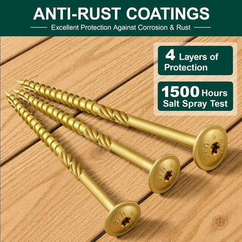 Premium Grade Structural Lag Screws Three Eighth By Six Inch Heat Treat Hardened With Aggressive Serrated Threads, anti-rust, golden finish.